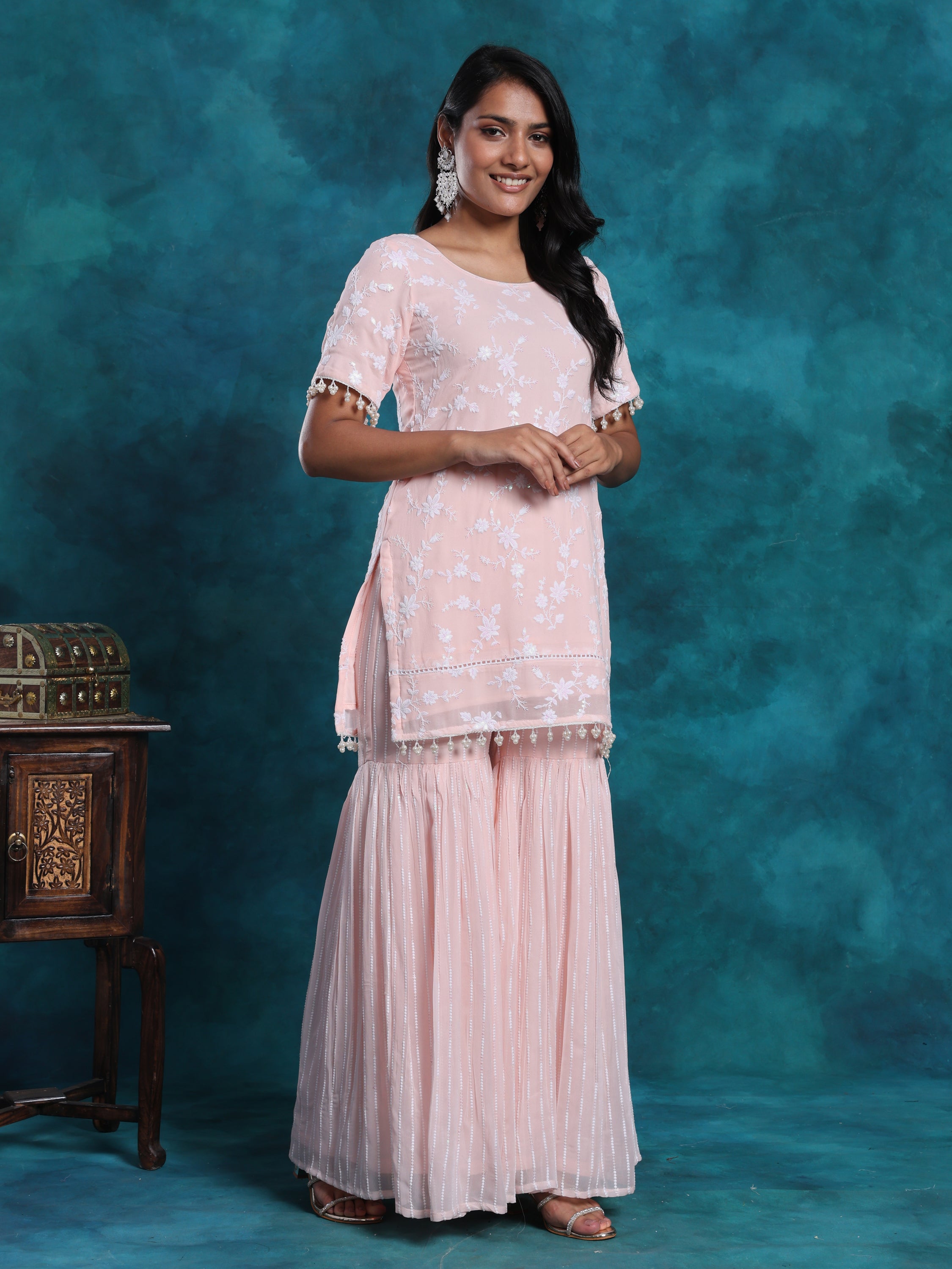 Pink Embroidered Sequin Gharara Set