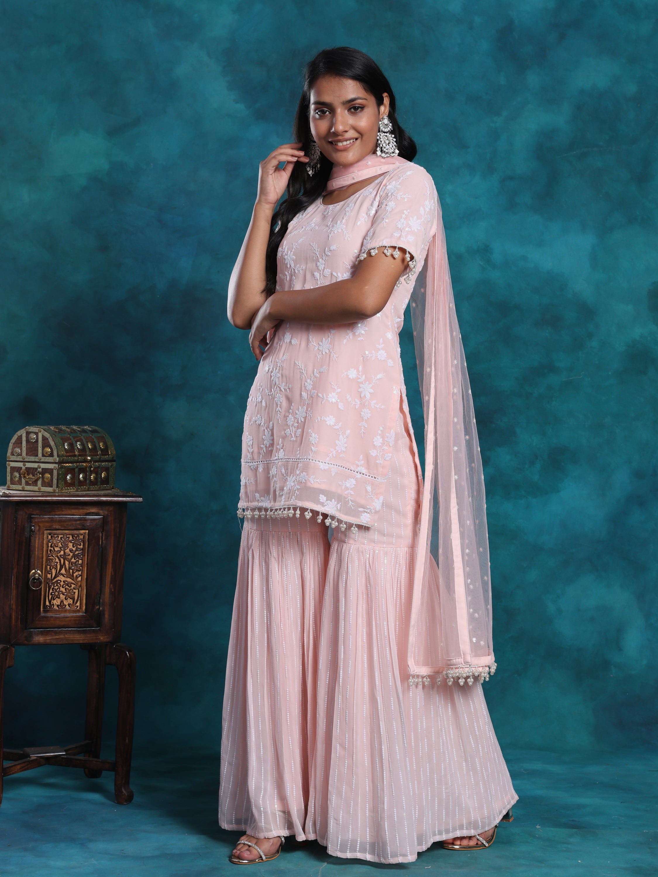 Pink Embroidered Sequin Gharara Set