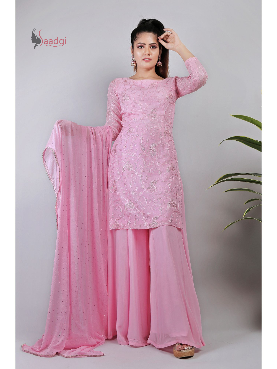 Saadgi Pure Georgette Baby Pink Chikankari with Sequin work Stitched Kurti Palazzo Set with crape lining and dupatta, chicken, chikan kurti, chikan suit, chikankari kurta for women, chikankari kurta, chikankari kurta set, chikankari short kurti, chikankari suit set, gharara, chikankari suits, hand crafted, lakhnavi kurti, lucknowi chikankari kurti, lucknowi kurti, lucknowi chikankari