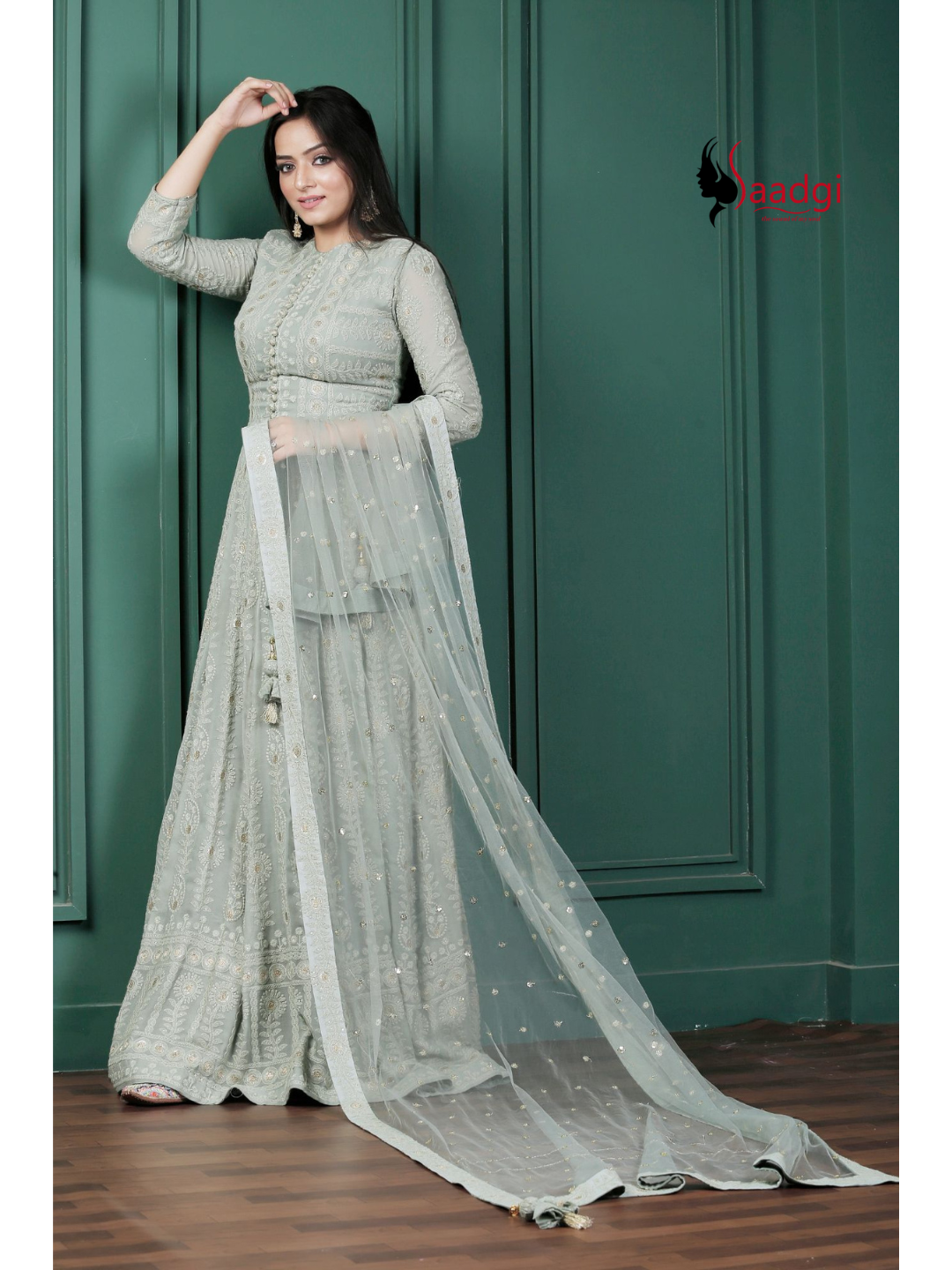 Saadgi Pure Georgette Fern Green Chikankari with Sequin & Zari work Stitched Anarkali with pure crape lining and Dupatta, chicken, chikan kurti, chikan suit, chikankari kurta for women, chikankari kurta, chikankari kurta set, chikankari short kurti, chikankari suit set, gharara, chikankari suits, hand crafted, lakhnavi kurti, lucknowi chikankari kurti, lucknowi kurti, lucknowi chikankari