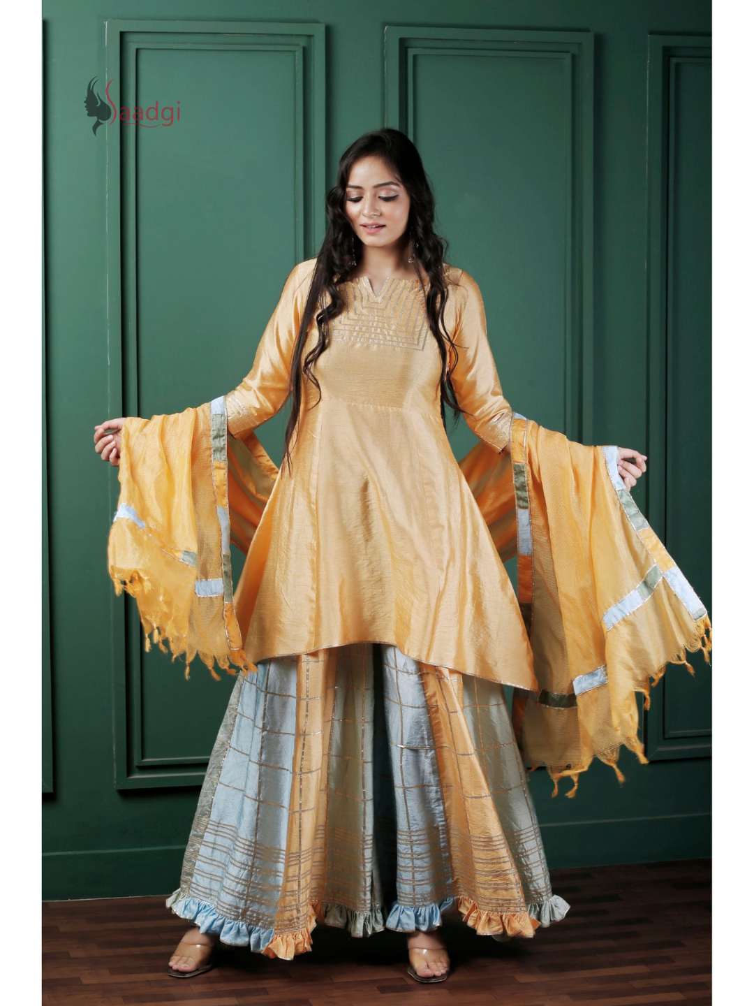 Saadgi Pure Chanderi silk Ritu Kumar inspired Gotta Patti all over work Stitched Sharara Set with pure crape lining and patch ruffled dupatta, chicken, chikan kurti, chikan suit, chikankari kurta for women, chikankari kurta, chikankari kurta set, chikankari short kurti, chikankari suit set, gharara, chikankari suits, hand crafted, lakhnavi kurti, lucknowi chikankari kurti, lucknowi kurti, lucknowi chikankari