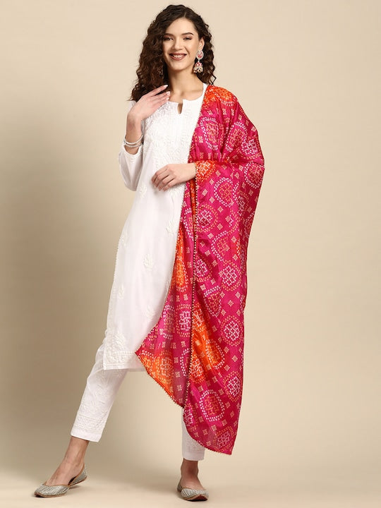 Saadgi Chikankari Handcrafted White Chanderi Silk set with Chikankari Pants & Bandhej Dupatta (3 piece set)