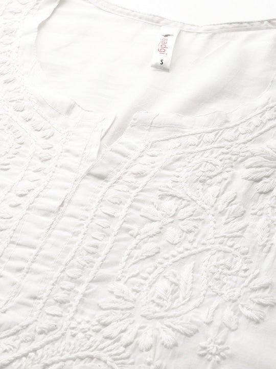 Saadgi Chikankari Handcrafted White Chanderi Silk set with Chikankari Pants & Bandhej Dupatta (3 piece set)