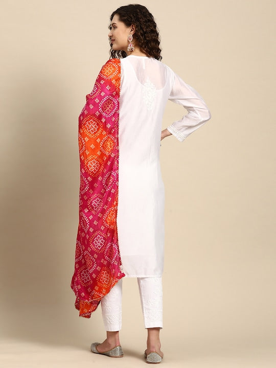 Saadgi Chikankari Handcrafted White Chanderi Silk set with Chikankari Pants & Bandhej Dupatta (3 piece set)