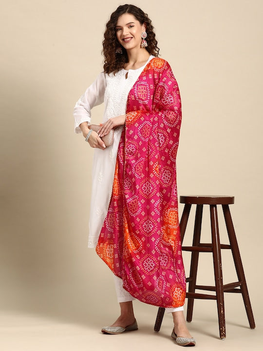 Saadgi Chikankari Handcrafted White Chanderi Silk set with Chikankari Pants & Bandhej Dupatta (3 piece set)