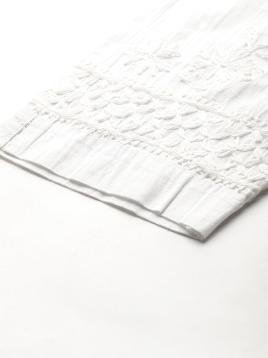Saadgi Chikankari Handcrafted White Chanderi Silk set with Chikankari Pants & Bandhej Dupatta (3 piece set)