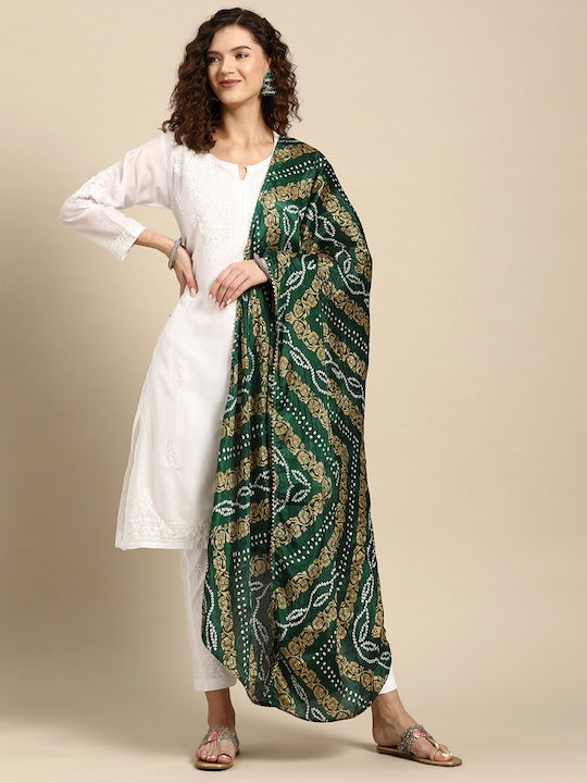 Saadgi Chikankari Handcrafted White Chanderi Silk set with Chikankari Pants & Bandhej Dupatta (3 piece set)