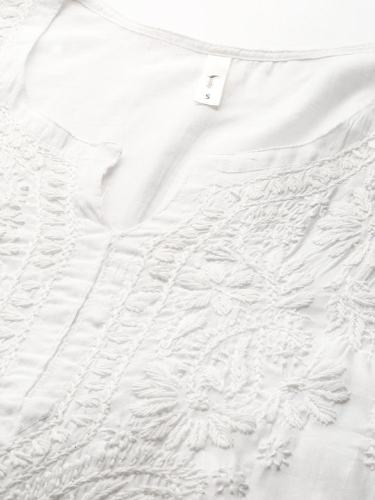 Saadgi Chikankari Handcrafted White Chanderi Silk set with Chikankari Pants & Bandhej Dupatta (3 piece set)
