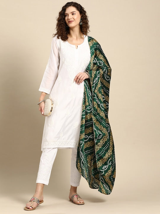 Saadgi Chikankari Handcrafted White Chanderi Silk set with Chikankari Pants & Bandhej Dupatta (3 piece set)