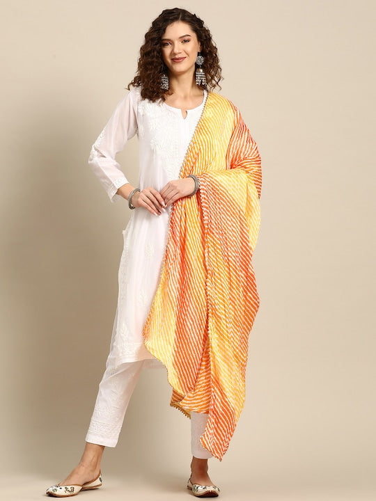 Saadgi Chikankari Handcrafted White Chanderi Silk set with Chikankari Pants & Bandhej Dupatta (3 piece set)