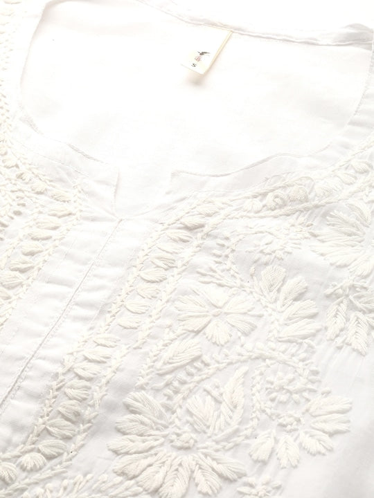 Saadgi Chikankari Handcrafted White Chanderi Silk set with Chikankari Pants & Bandhej Dupatta (3 piece set)