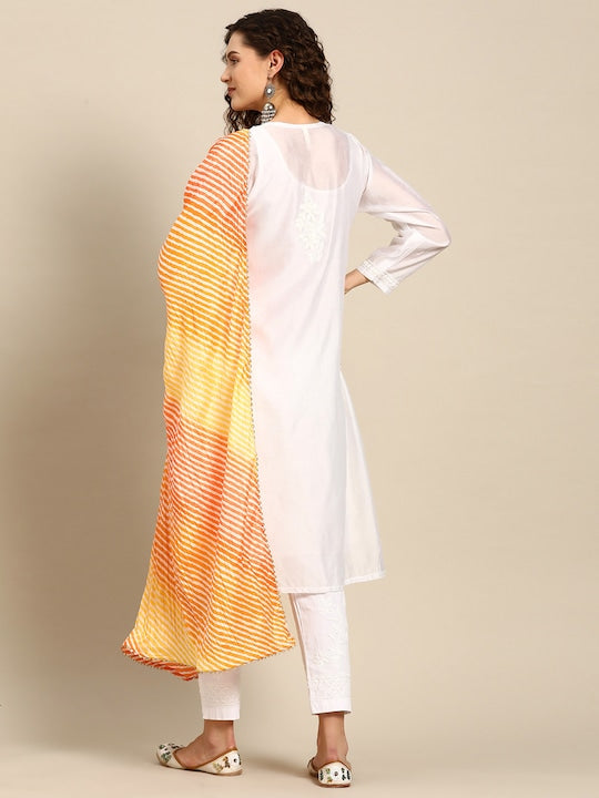 Saadgi Chikankari Handcrafted White Chanderi Silk set with Chikankari Pants & Bandhej Dupatta (3 piece set)