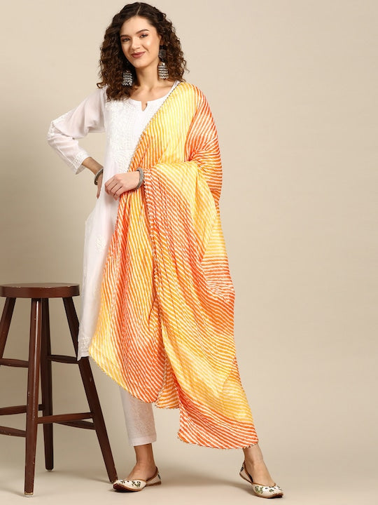 Saadgi Chikankari Handcrafted White Chanderi Silk set with Chikankari Pants & Bandhej Dupatta (3 piece set)