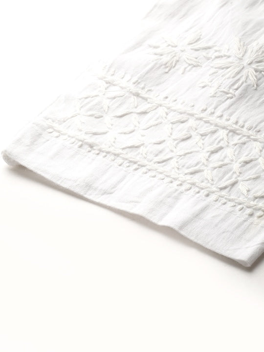 Saadgi Chikankari Handcrafted White Chanderi Silk set with Chikankari Pants & Bandhej Dupatta (3 piece set)