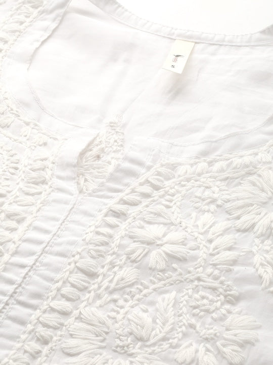 Saadgi Chikankari Handcrafted White Chanderi Silk set with Chikankari Pants & Bandhej Dupatta (3 piece set)