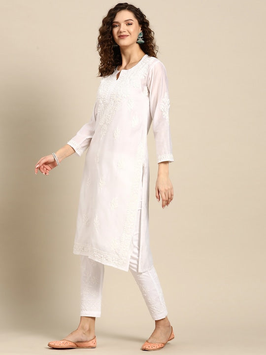 Saadgi Chikankari Handcrafted White Chanderi Silk set with Chikankari Pants & Bandhej Dupatta (3 piece set)