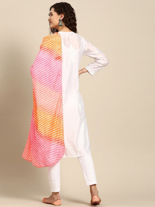 Saadgi Chikankari Handcrafted White Chanderi Silk set with Chikankari Pants & Bandhej Dupatta (3 piece set)
