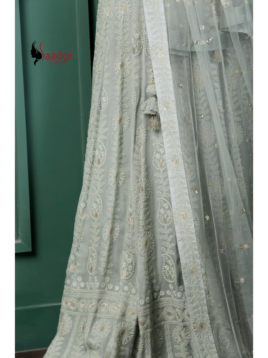 Saadgi Pure Georgette Fern Green Chikankari with Sequin & Zari work Stitched Anarkali with pure crape lining and Dupatta, chicken, chikan kurti, chikan suit, chikankari kurta for women, chikankari kurta, chikankari kurta set, chikankari short kurti, chikankari suit set, gharara, chikankari suits, hand crafted, lakhnavi kurti, lucknowi chikankari kurti, lucknowi kurti, lucknowi chikankari
