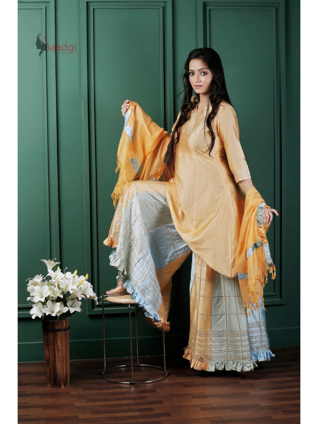 Saadgi Pure Chanderi silk Ritu Kumar inspired Gotta Patti all over work Stitched Sharara Set with pure crape lining and patch ruffled dupatta, chicken, chikan kurti, chikan suit, chikankari kurta for women, chikankari kurta, chikankari kurta set, chikankari short kurti, chikankari suit set, gharara, chikankari suits, hand crafted, lakhnavi kurti, lucknowi chikankari kurti, lucknowi kurti, lucknowi chikankari