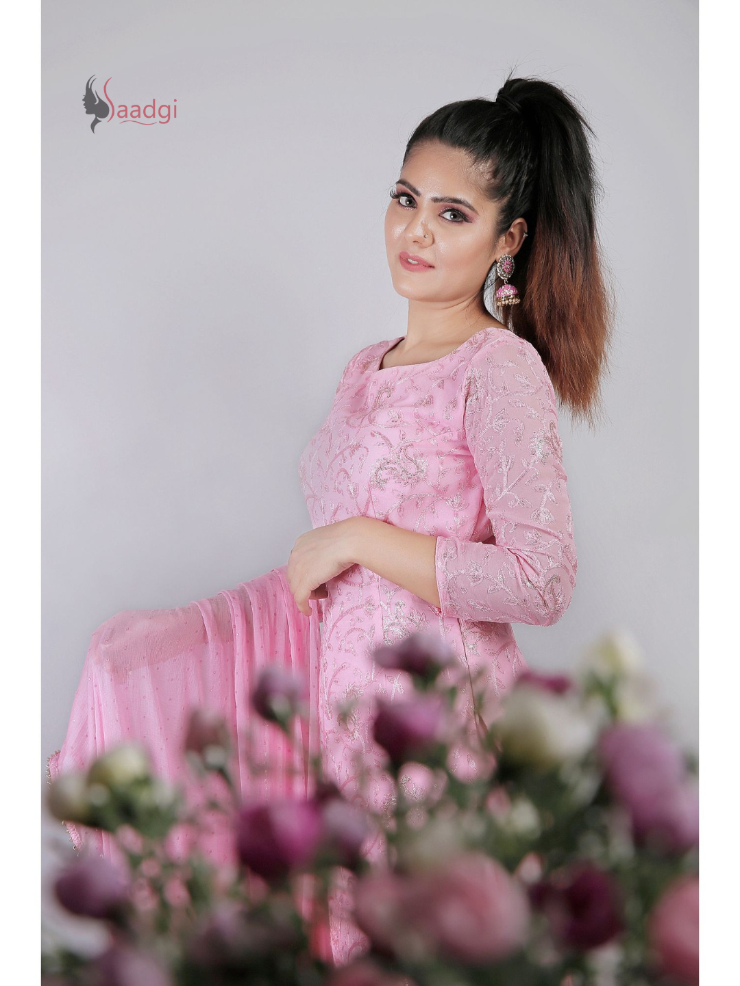 Saadgi Pure Georgette Baby Pink Chikankari with Sequin work Stitched Kurti Palazzo Set with crape lining and dupatta, chicken, chikan kurti, chikan suit, chikankari kurta for women, chikankari kurta, chikankari kurta set, chikankari short kurti, chikankari suit set, gharara, chikankari suits, hand crafted, lakhnavi kurti, lucknowi chikankari kurti, lucknowi kurti, lucknowi chikankari