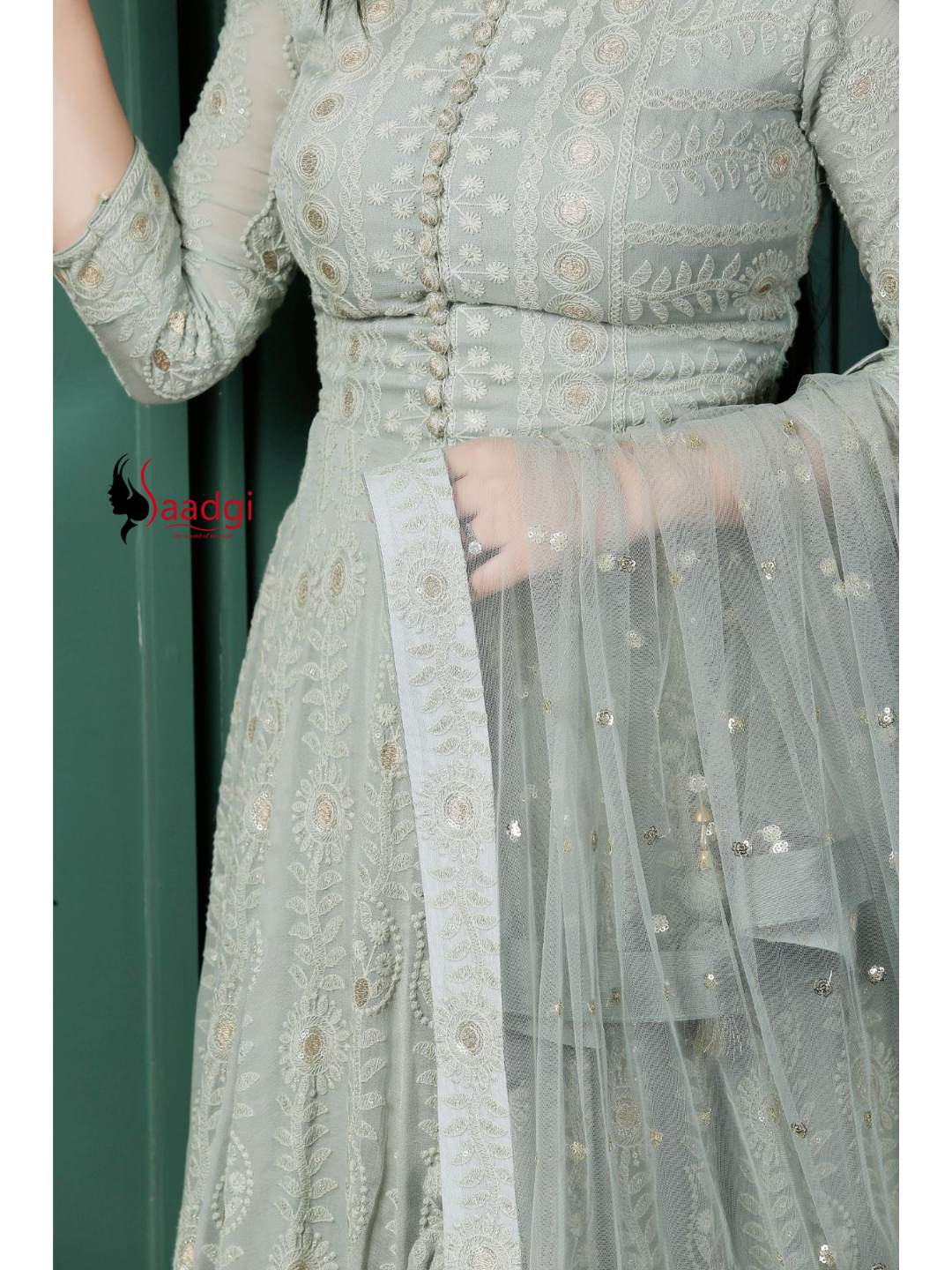 Saadgi Pure Georgette Fern Green Chikankari with Sequin & Zari work Stitched Anarkali with pure crape lining and Dupatta, chicken, chikan kurti, chikan suit, chikankari kurta for women, chikankari kurta, chikankari kurta set, chikankari short kurti, chikankari suit set, gharara, chikankari suits, hand crafted, lakhnavi kurti, lucknowi chikankari kurti, lucknowi kurti, lucknowi chikankari
