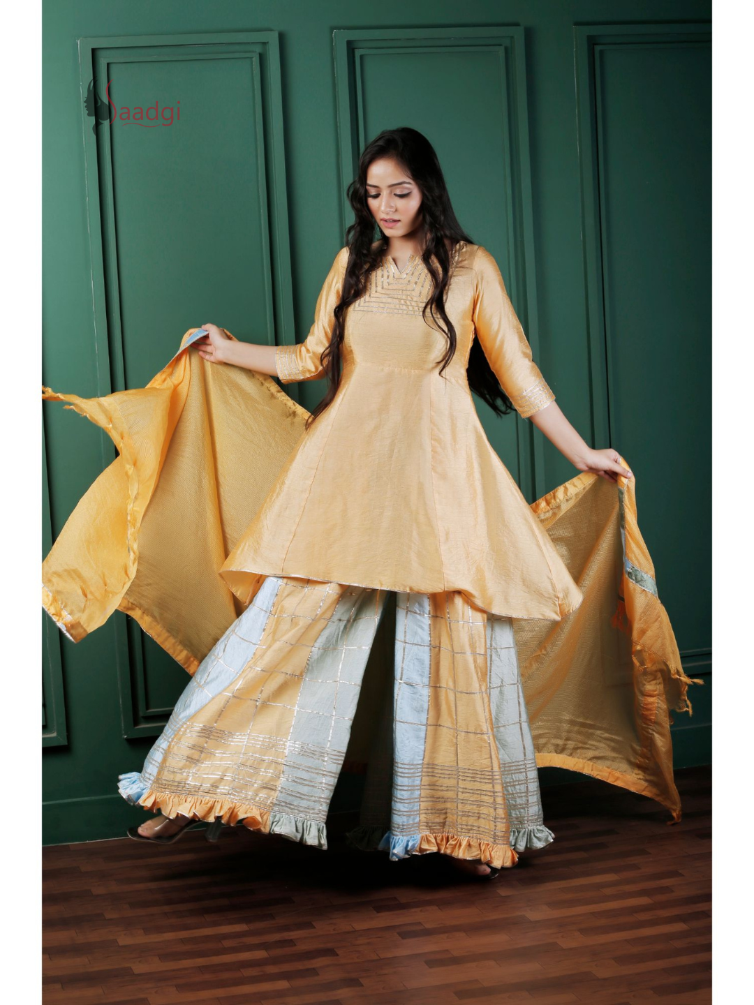 Saadgi Pure Chanderi silk Ritu Kumar inspired Gotta Patti all over work Stitched Sharara Set with pure crape lining and patch ruffled dupatta, chicken, chikan kurti, chikan suit, chikankari kurta for women, chikankari kurta, chikankari kurta set, chikankari short kurti, chikankari suit set, gharara, chikankari suits, hand crafted, lakhnavi kurti, lucknowi chikankari kurti, lucknowi kurti, lucknowi chikankari