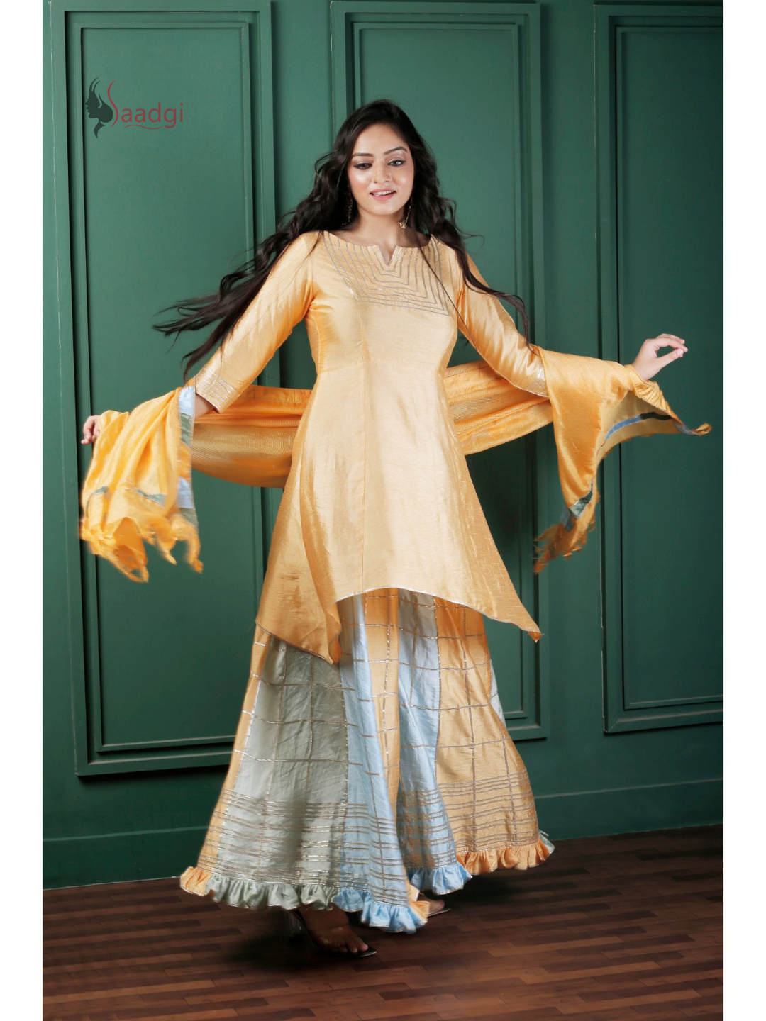 Saadgi Pure Chanderi silk Ritu Kumar inspired Gotta Patti all over work Stitched Sharara Set with pure crape lining and patch ruffled dupatta, chicken, chikan kurti, chikan suit, chikankari kurta for women, chikankari kurta, chikankari kurta set, chikankari short kurti, chikankari suit set, gharara, chikankari suits, hand crafted, lakhnavi kurti, lucknowi chikankari kurti, lucknowi kurti, lucknowi chikankari