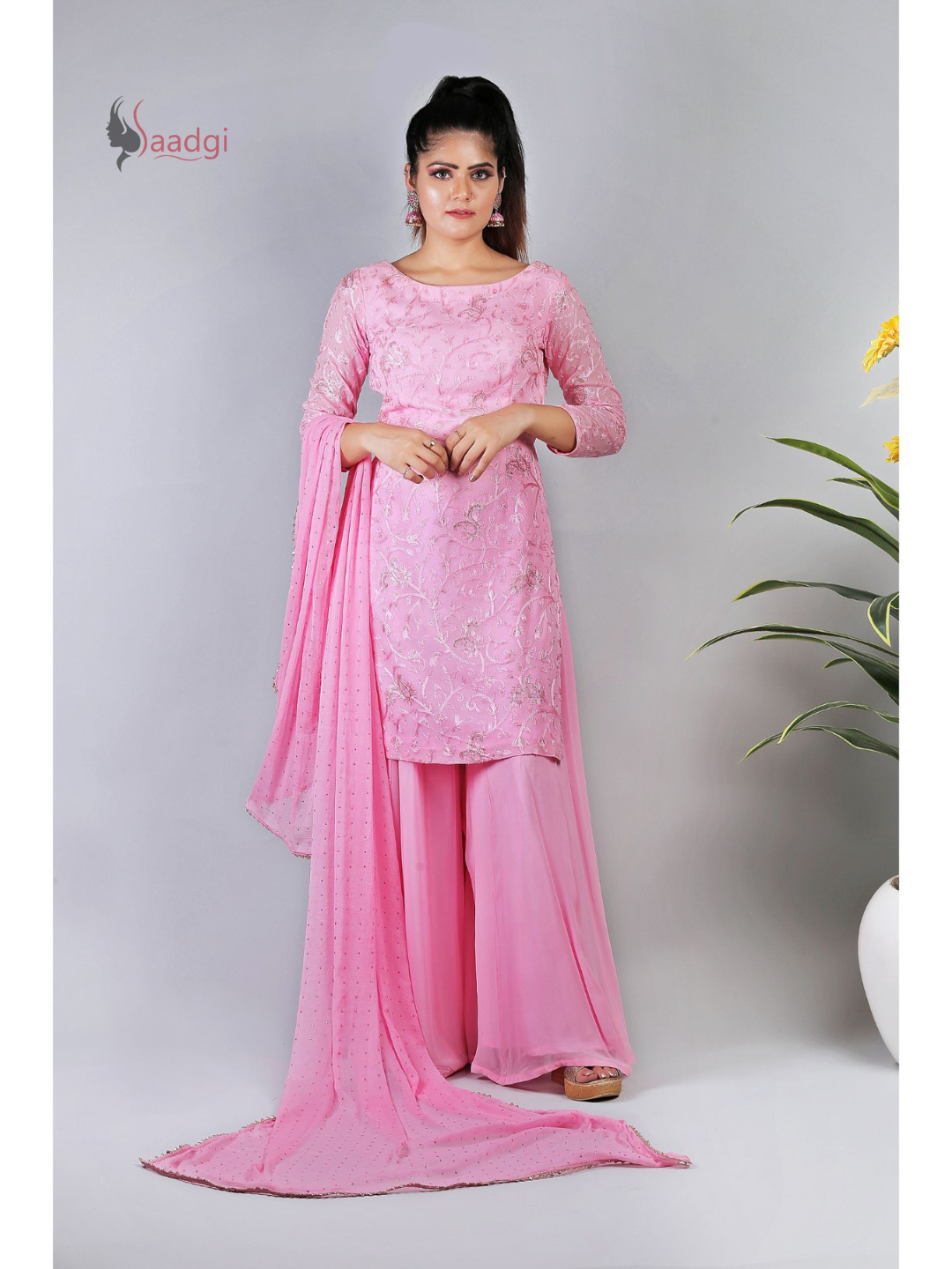 Saadgi Pure Georgette Baby Pink Chikankari with Sequin work Stitched Kurti Palazzo Set with crape lining and dupatta, chicken, chikan kurti, chikan suit, chikankari kurta for women, chikankari kurta, chikankari kurta set, chikankari short kurti, chikankari suit set, gharara, chikankari suits, hand crafted, lakhnavi kurti, lucknowi chikankari kurti, lucknowi kurti, lucknowi chikankari