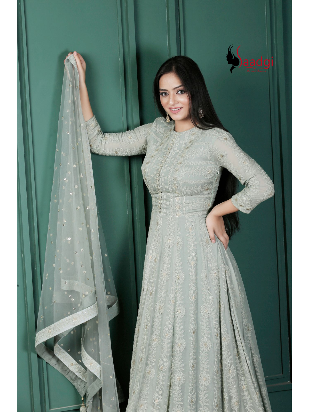 Saadgi Pure Georgette Fern Green Chikankari with Sequin & Zari work Stitched Anarkali with pure crape lining and Dupatta, chicken, chikan kurti, chikan suit, chikankari kurta for women, chikankari kurta, chikankari kurta set, chikankari short kurti, chikankari suit set, gharara, chikankari suits, hand crafted, lakhnavi kurti, lucknowi chikankari kurti, lucknowi kurti, lucknowi chikankari