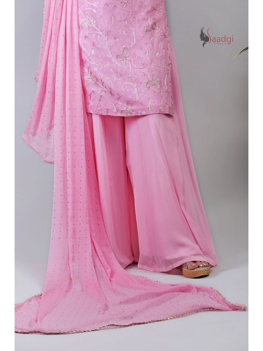 Saadgi Pure Georgette Baby Pink Chikankari with Sequin work Stitched Kurti Palazzo Set with crape lining and dupatta, chicken, chikan kurti, chikan suit, chikankari kurta for women, chikankari kurta, chikankari kurta set, chikankari short kurti, chikankari suit set, gharara, chikankari suits, hand crafted, lakhnavi kurti, lucknowi chikankari kurti, lucknowi kurti, lucknowi chikankari