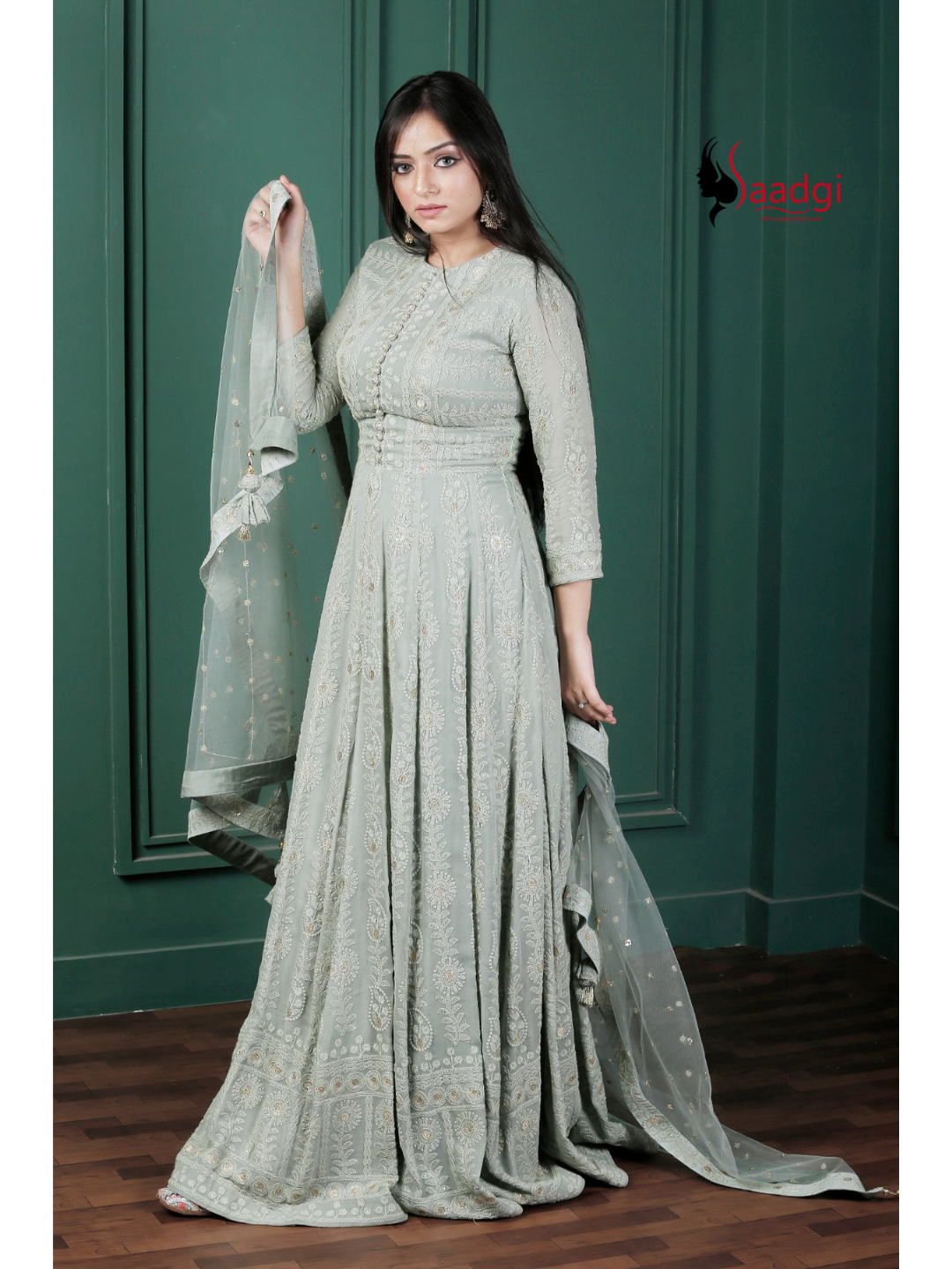 Saadgi Pure Georgette Fern Green Chikankari with Sequin & Zari work Stitched Anarkali with pure crape lining and Dupatta, chicken, chikan kurti, chikan suit, chikankari kurta for women, chikankari kurta, chikankari kurta set, chikankari short kurti, chikankari suit set, gharara, chikankari suits, hand crafted, lakhnavi kurti, lucknowi chikankari kurti, lucknowi kurti, lucknowi chikankari