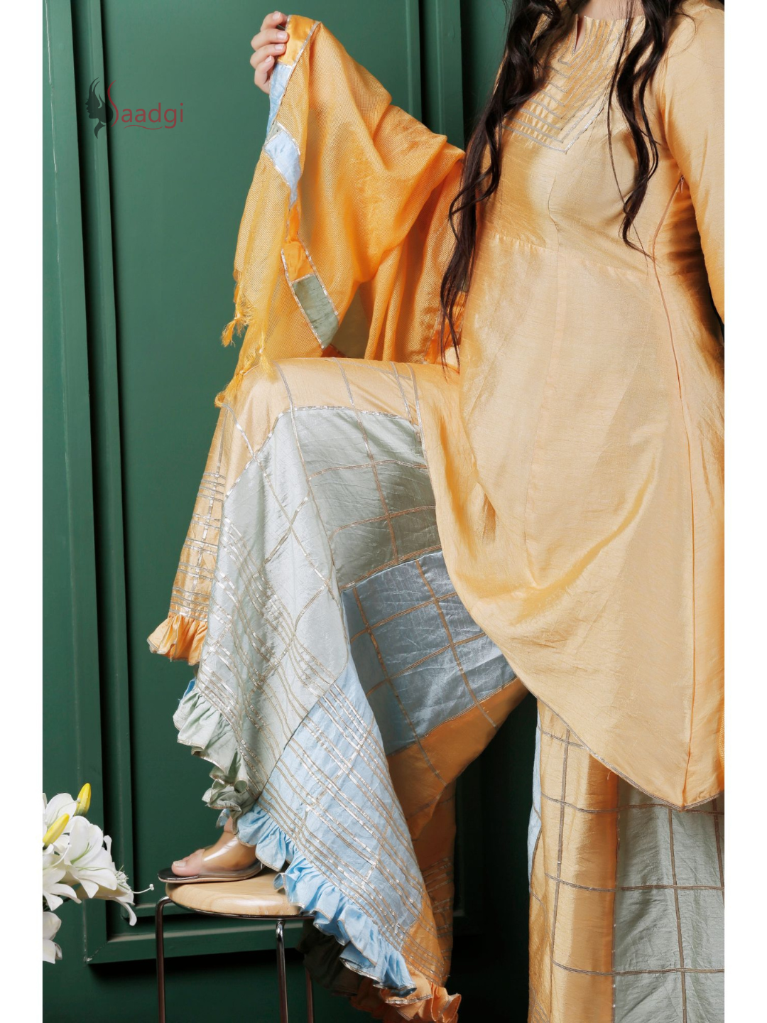 Saadgi Pure Chanderi silk Ritu Kumar inspired Gotta Patti all over work Stitched Sharara Set with pure crape lining and patch ruffled dupatta, chicken, chikan kurti, chikan suit, chikankari kurta for women, chikankari kurta, chikankari kurta set, chikankari short kurti, chikankari suit set, gharara, chikankari suits, hand crafted, lakhnavi kurti, lucknowi chikankari kurti, lucknowi kurti, lucknowi chikankari