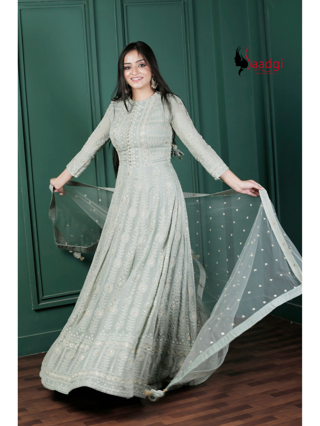 Saadgi Pure Georgette Fern Green Chikankari with Sequin & Zari work Stitched Anarkali with pure crape lining and Dupatta, chicken, chikan kurti, chikan suit, chikankari kurta for women, chikankari kurta, chikankari kurta set, chikankari short kurti, chikankari suit set, gharara, chikankari suits, hand crafted, lakhnavi kurti, lucknowi chikankari kurti, lucknowi kurti, lucknowi chikankari