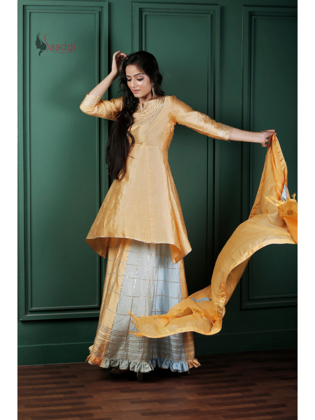 Saadgi Pure Chanderi silk Ritu Kumar inspired Gotta Patti all over work Stitched Sharara Set with pure crape lining and patch ruffled dupatta, chicken, chikan kurti, chikan suit, chikankari kurta for women, chikankari kurta, chikankari kurta set, chikankari short kurti, chikankari suit set, gharara, chikankari suits, hand crafted, lakhnavi kurti, lucknowi chikankari kurti, lucknowi kurti, lucknowi chikankari