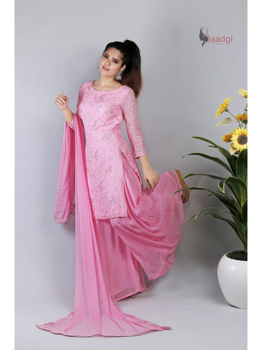 Saadgi Pure Georgette Baby Pink Chikankari with Sequin work Stitched Kurti Palazzo Set with crape lining and dupatta, chicken, chikan kurti, chikan suit, chikankari kurta for women, chikankari kurta, chikankari kurta set, chikankari short kurti, chikankari suit set, gharara, chikankari suits, hand crafted, lakhnavi kurti, lucknowi chikankari kurti, lucknowi kurti, lucknowi chikankari
