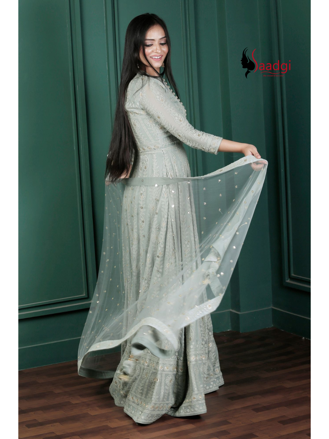 Saadgi Pure Georgette Fern Green Chikankari with Sequin & Zari work Stitched Anarkali with pure crape lining and Dupatta, chicken, chikan kurti, chikan suit, chikankari kurta for women, chikankari kurta, chikankari kurta set, chikankari short kurti, chikankari suit set, gharara, chikankari suits, hand crafted, lakhnavi kurti, lucknowi chikankari kurti, lucknowi kurti, lucknowi chikankari