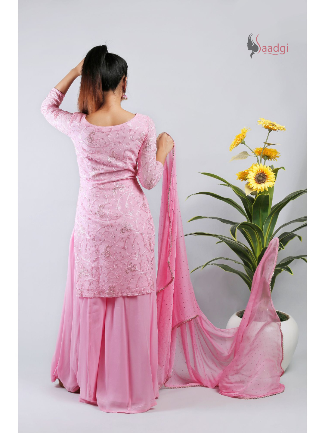 Saadgi Pure Georgette Baby Pink Chikankari with Sequin work Stitched Kurti Palazzo Set with crape lining and dupatta, chicken, chikan kurti, chikan suit, chikankari kurta for women, chikankari kurta, chikankari kurta set, chikankari short kurti, chikankari suit set, gharara, chikankari suits, hand crafted, lakhnavi kurti, lucknowi chikankari kurti, lucknowi kurti, lucknowi chikankari