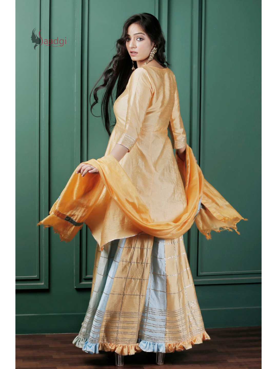 Saadgi Pure Chanderi silk Ritu Kumar inspired Gotta Patti all over work Stitched Sharara Set with pure crape lining and patch ruffled dupatta, chicken, chikan kurti, chikan suit, chikankari kurta for women, chikankari kurta, chikankari kurta set, chikankari short kurti, chikankari suit set, gharara, chikankari suits, hand crafted, lakhnavi kurti, lucknowi chikankari kurti, lucknowi kurti, lucknowi chikankari