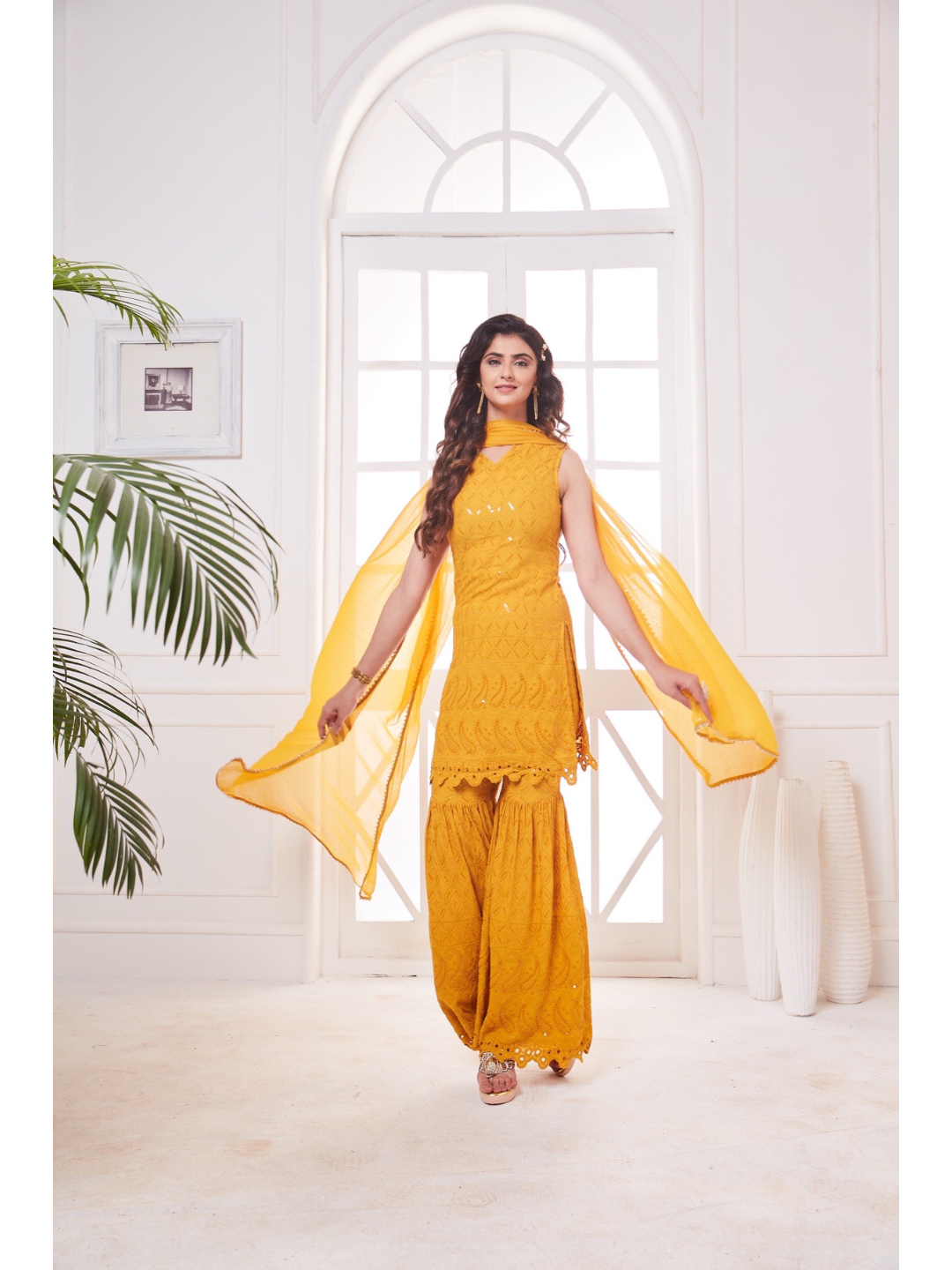 Nikita Sharma's Black Rayon Schiffly chikan Kurti embellished in sequence work with Gharara and Dupatta (3 Piece set) chikan kurti,  chikankari, lucknowi chikan, embroidery kurti, chikan, chikan kurta, lakhnavi kurti, chicken curry kurti, lucknowi chikankari kurti, lucknowi kurti with palazzo, chikan suit, chikankari kurta for women, chikankari kurta, chikankari kurta set, chikankari suit set, gharara, chikankari suits, hand crafted, lucknowi chikankari kurti, lucknowi kurti, lucknowi chikankari