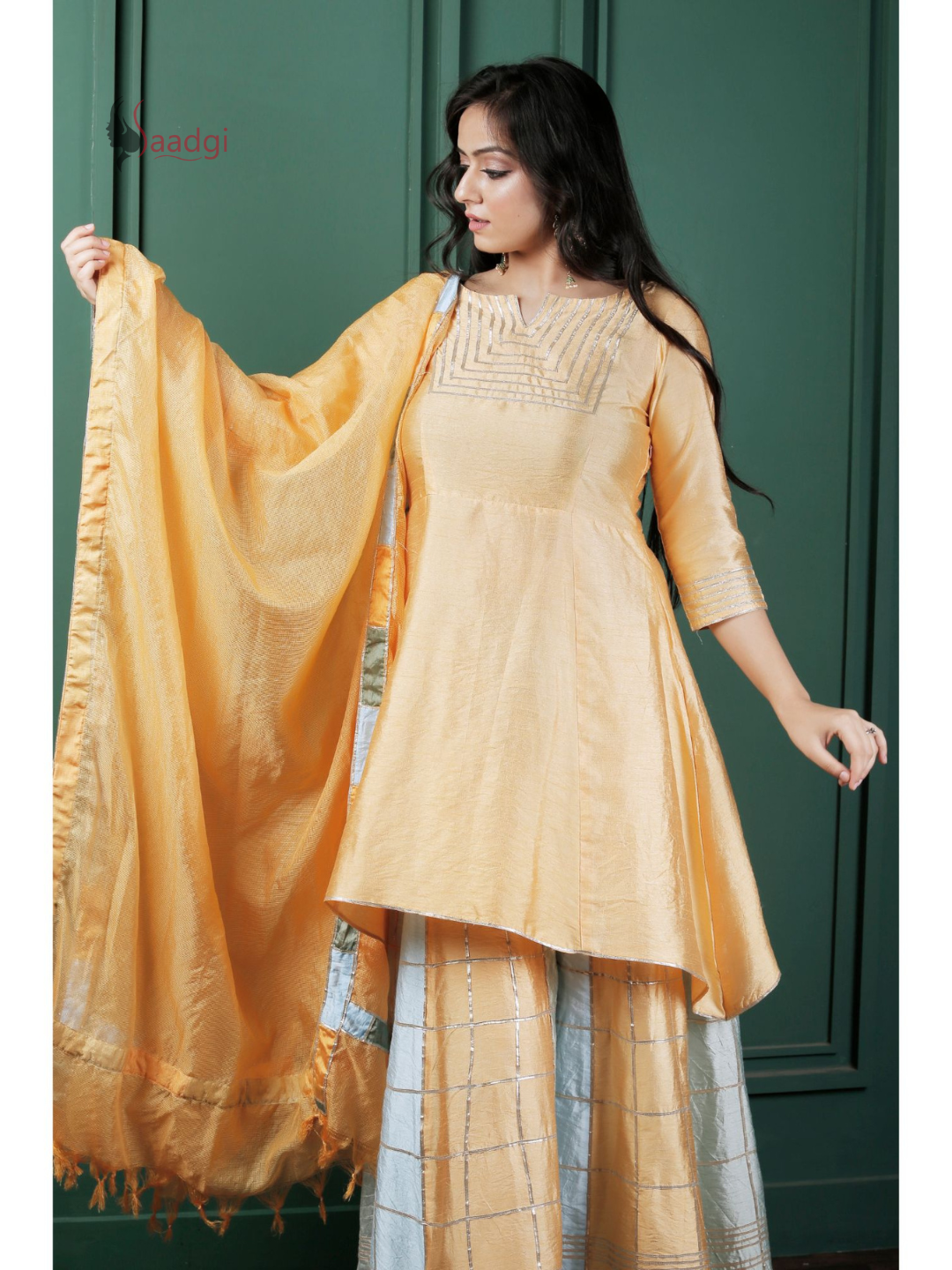 Saadgi Pure Chanderi silk Ritu Kumar inspired Gotta Patti all over work Stitched Sharara Set with pure crape lining and patch ruffled dupatta, chicken, chikan kurti, chikan suit, chikankari kurta for women, chikankari kurta, chikankari kurta set, chikankari short kurti, chikankari suit set, gharara, chikankari suits, hand crafted, lakhnavi kurti, lucknowi chikankari kurti, lucknowi kurti, lucknowi chikankari