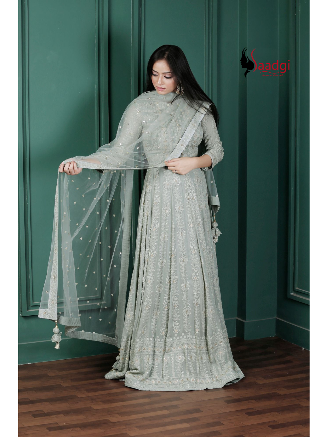Saadgi Pure Georgette Fern Green Chikankari with Sequin & Zari work Stitched Anarkali with pure crape lining and Dupatta, chicken, chikan kurti, chikan suit, chikankari kurta for women, chikankari kurta, chikankari kurta set, chikankari short kurti, chikankari suit set, gharara, chikankari suits, hand crafted, lakhnavi kurti, lucknowi chikankari kurti, lucknowi kurti, lucknowi chikankari