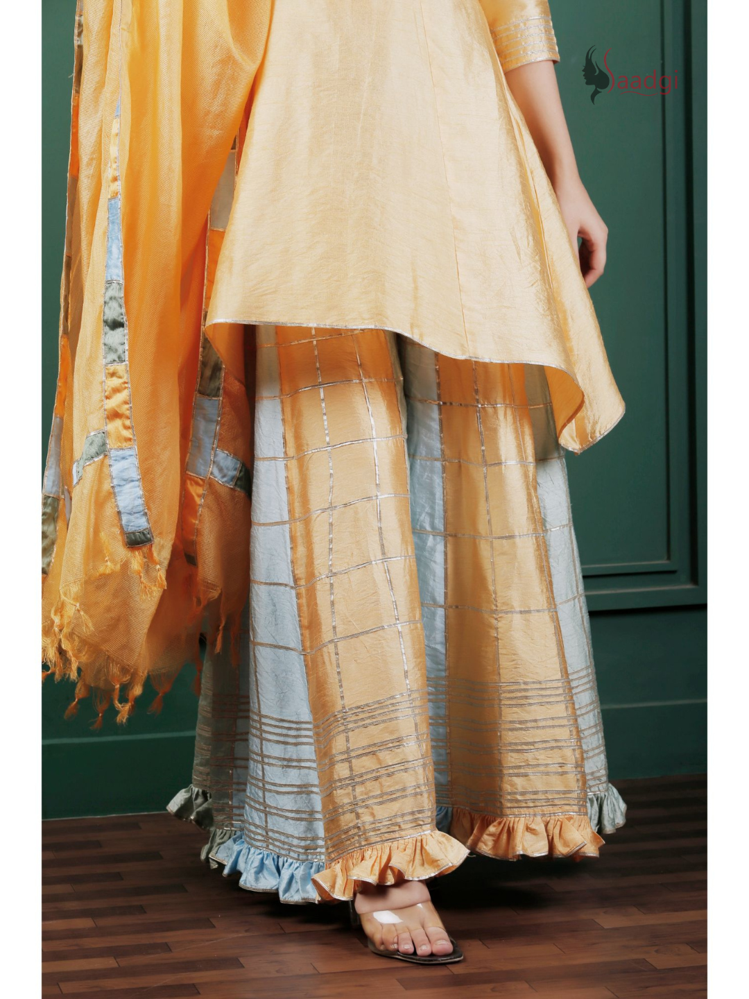 Saadgi Pure Chanderi silk Ritu Kumar inspired Gotta Patti all over work Stitched Sharara Set with pure crape lining and patch ruffled dupatta, chicken, chikan kurti, chikan suit, chikankari kurta for women, chikankari kurta, chikankari kurta set, chikankari short kurti, chikankari suit set, gharara, chikankari suits, hand crafted, lakhnavi kurti, lucknowi chikankari kurti, lucknowi kurti, lucknowi chikankari