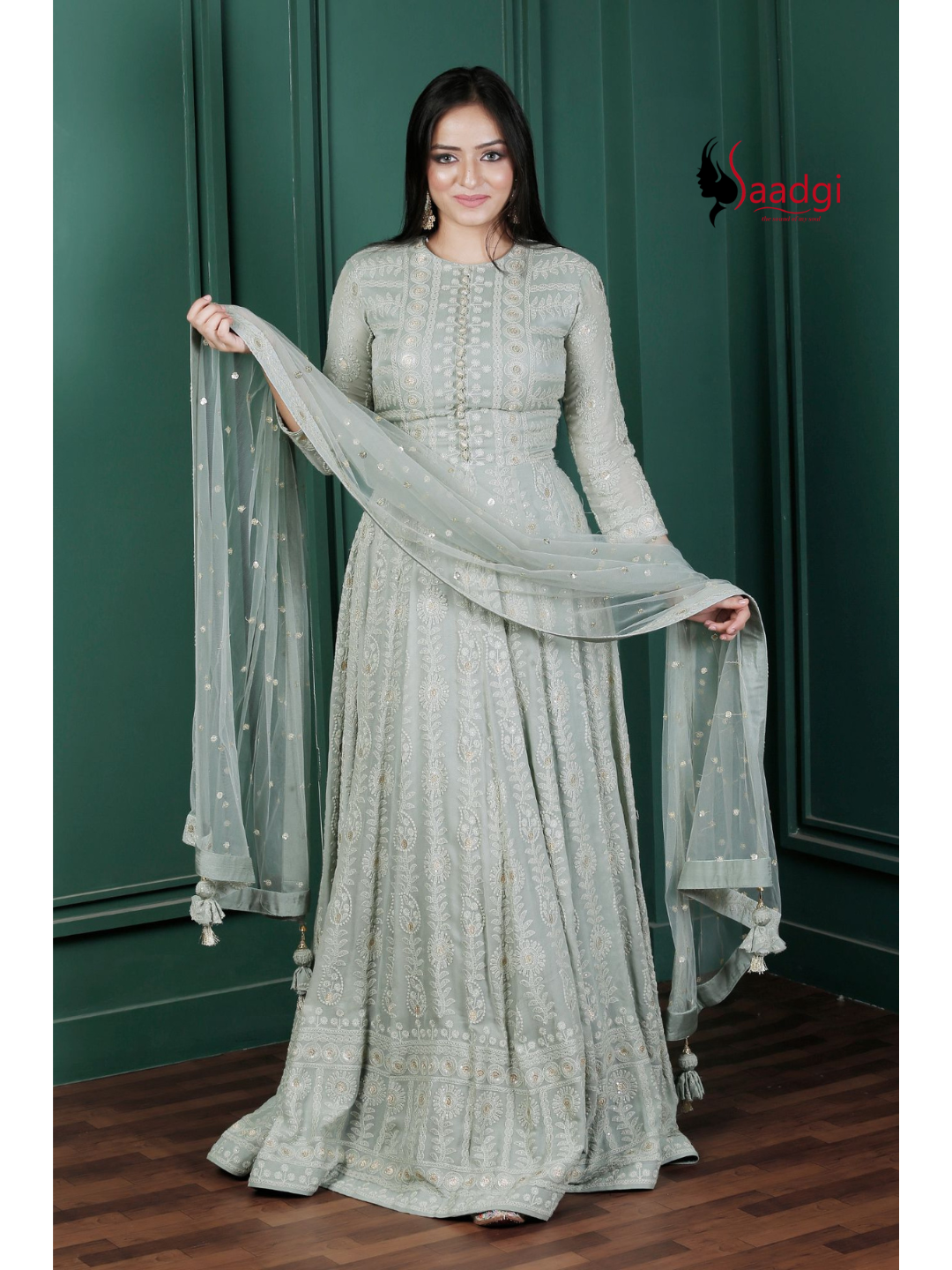 Saadgi Pure Georgette Fern Green Chikankari with Sequin & Zari work Stitched Anarkali with pure crape lining and Dupatta, chicken, chikan kurti, chikan suit, chikankari kurta for women, chikankari kurta, chikankari kurta set, chikankari short kurti, chikankari suit set, gharara, chikankari suits, hand crafted, lakhnavi kurti, lucknowi chikankari kurti, lucknowi kurti, lucknowi chikankari