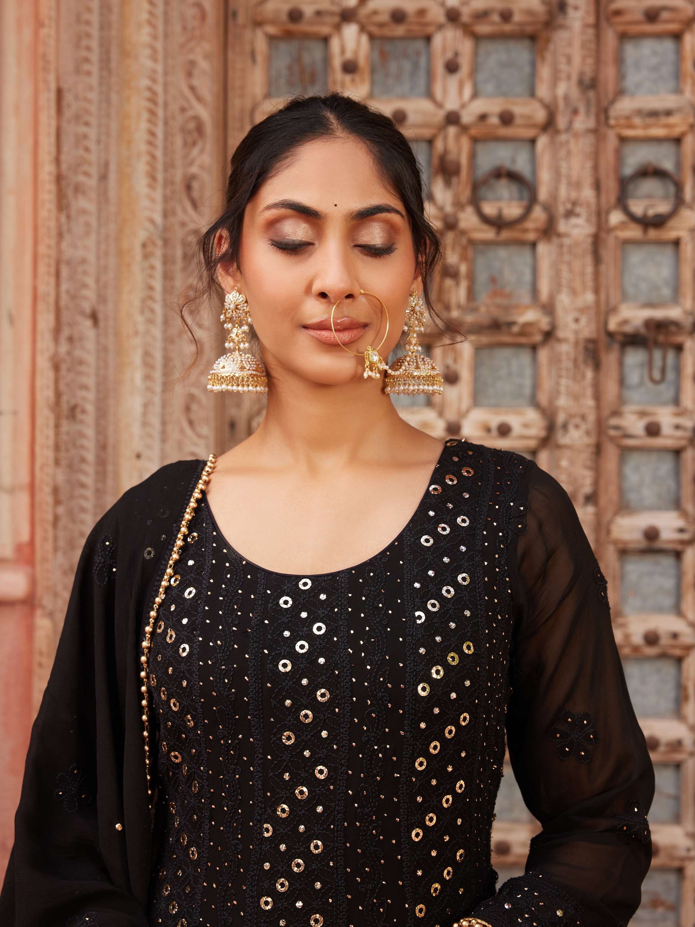 Gold & Black Mukaish Chikankari 3 Piece Anarkali Gown