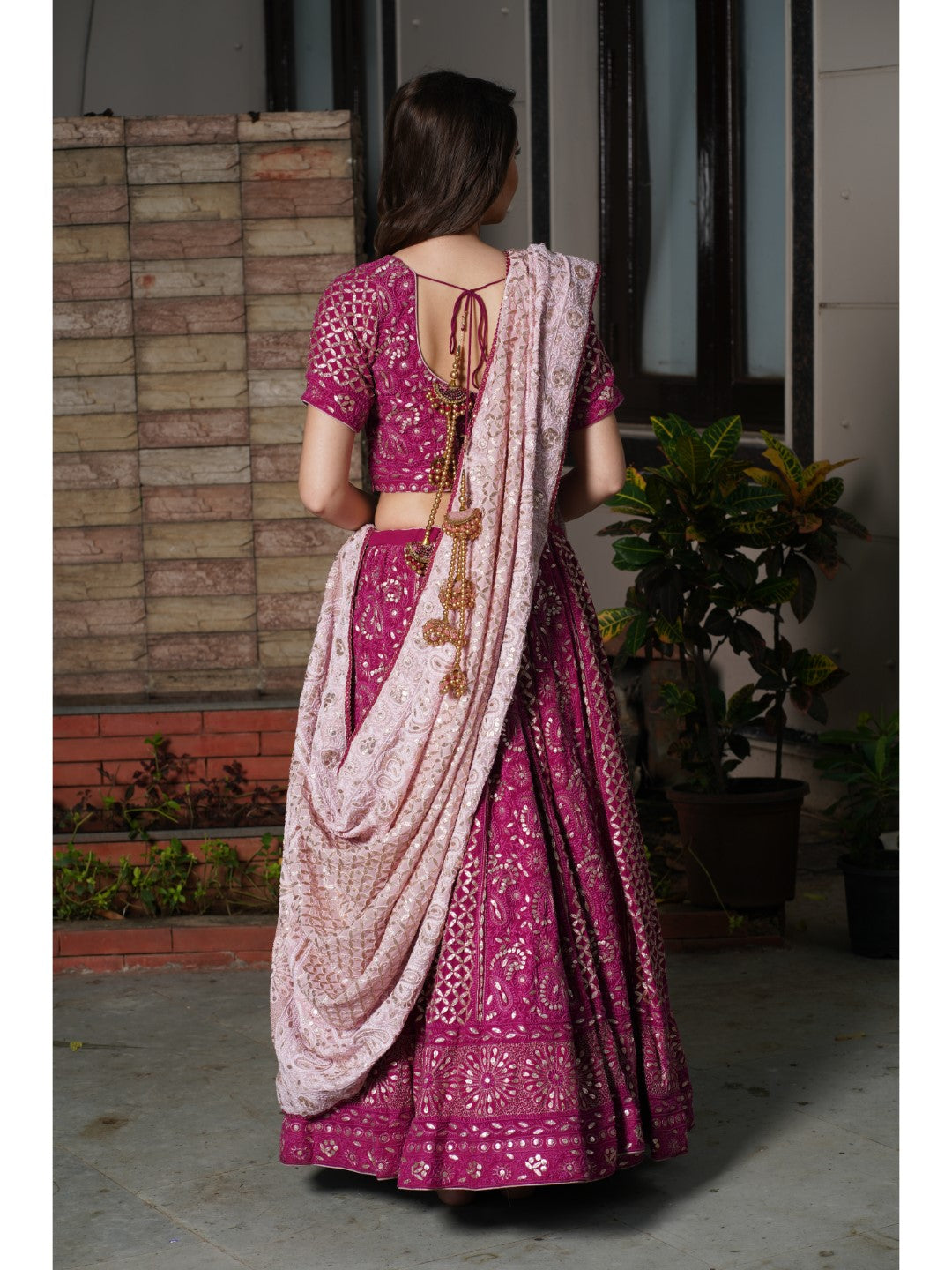 Wine Gota Patti Chikankari Handembroidered Lehenga