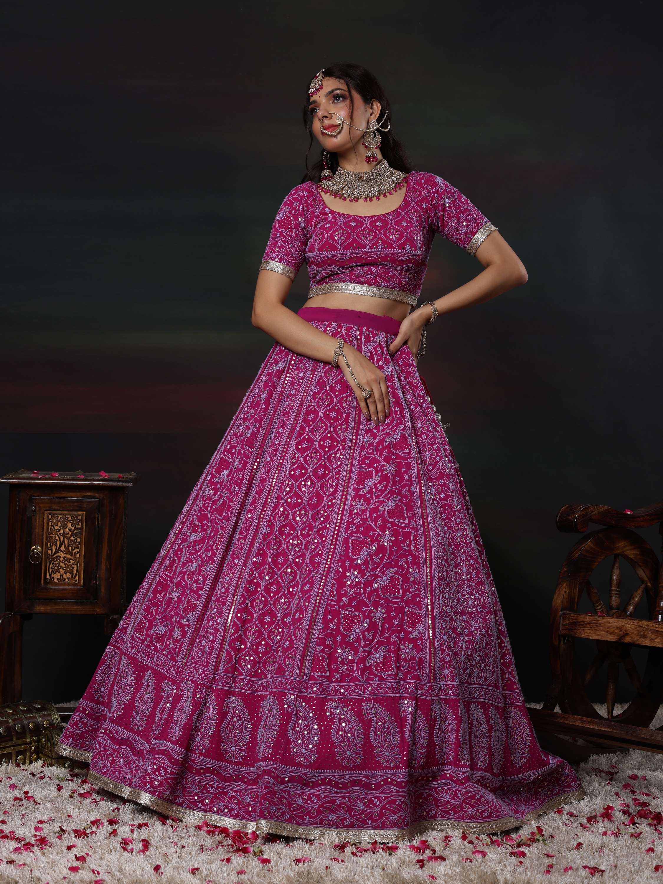 Royal Fuschia Gold Chikankari Mukaish Kamdani Lehenga Set