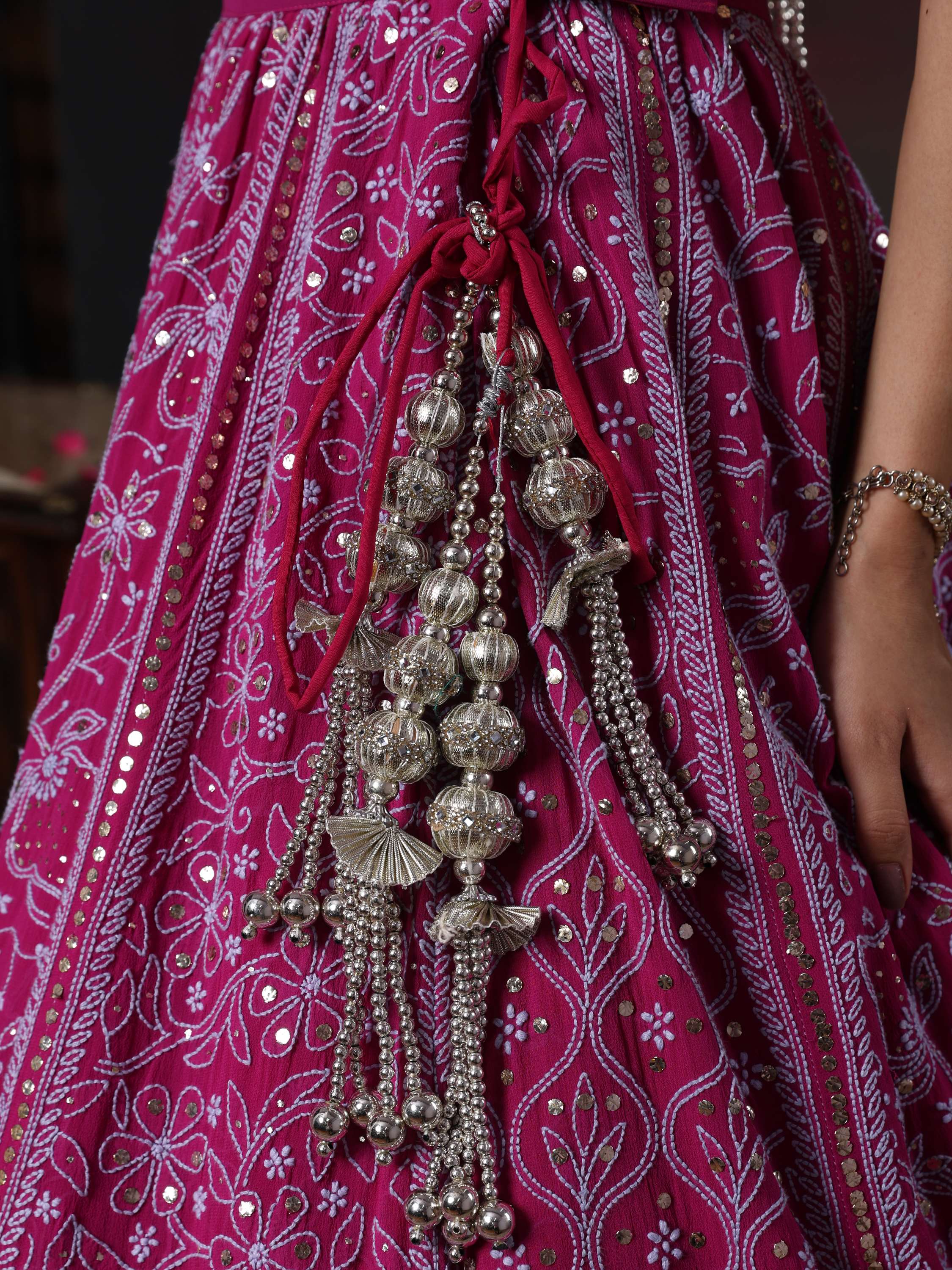 Royal Fuschia Gold Chikankari Mukaish Kamdani Lehenga Set