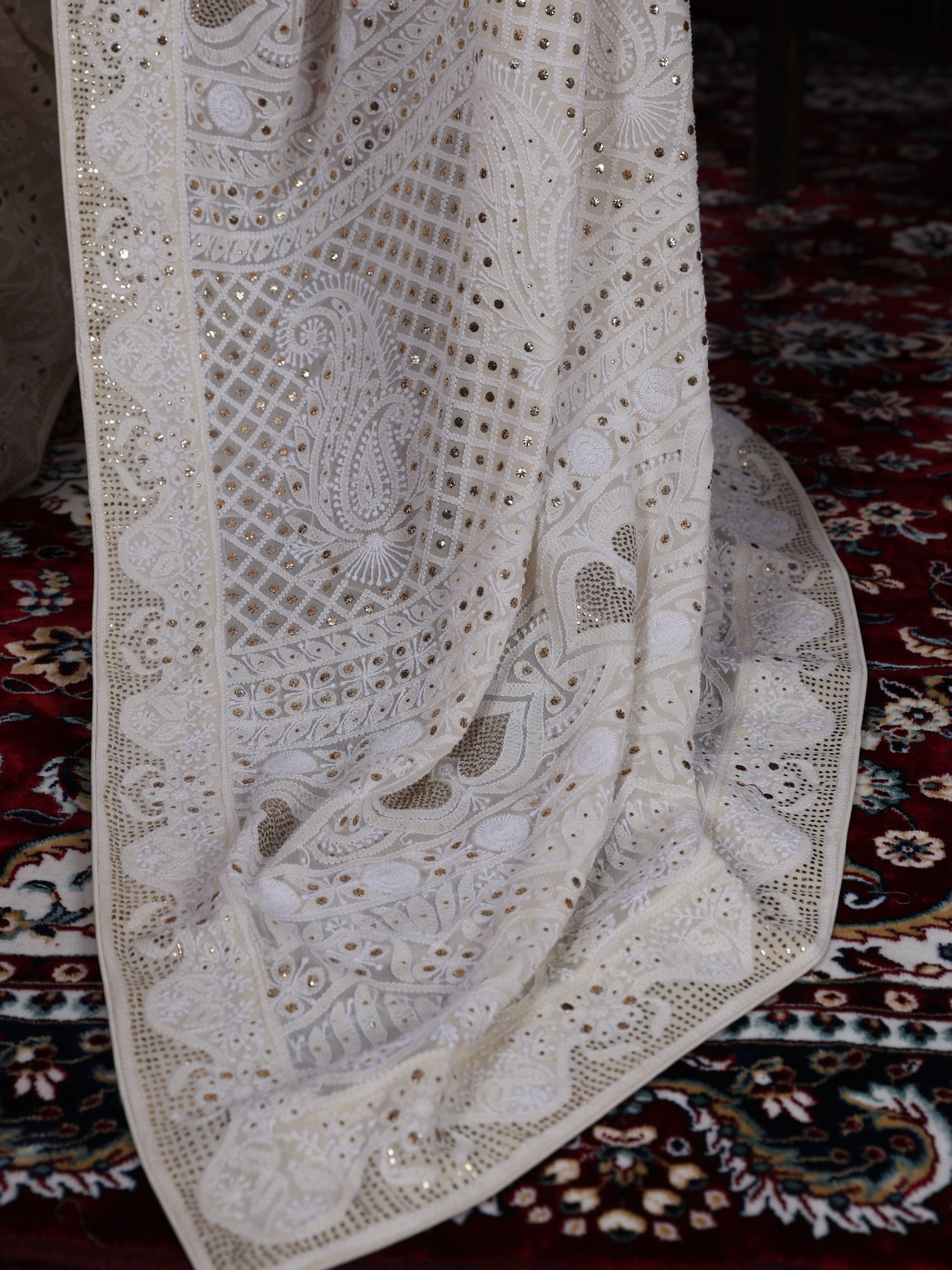 Saadgi hand embroidered pure georgette(60 gms) chikankari with mukaish work Saree