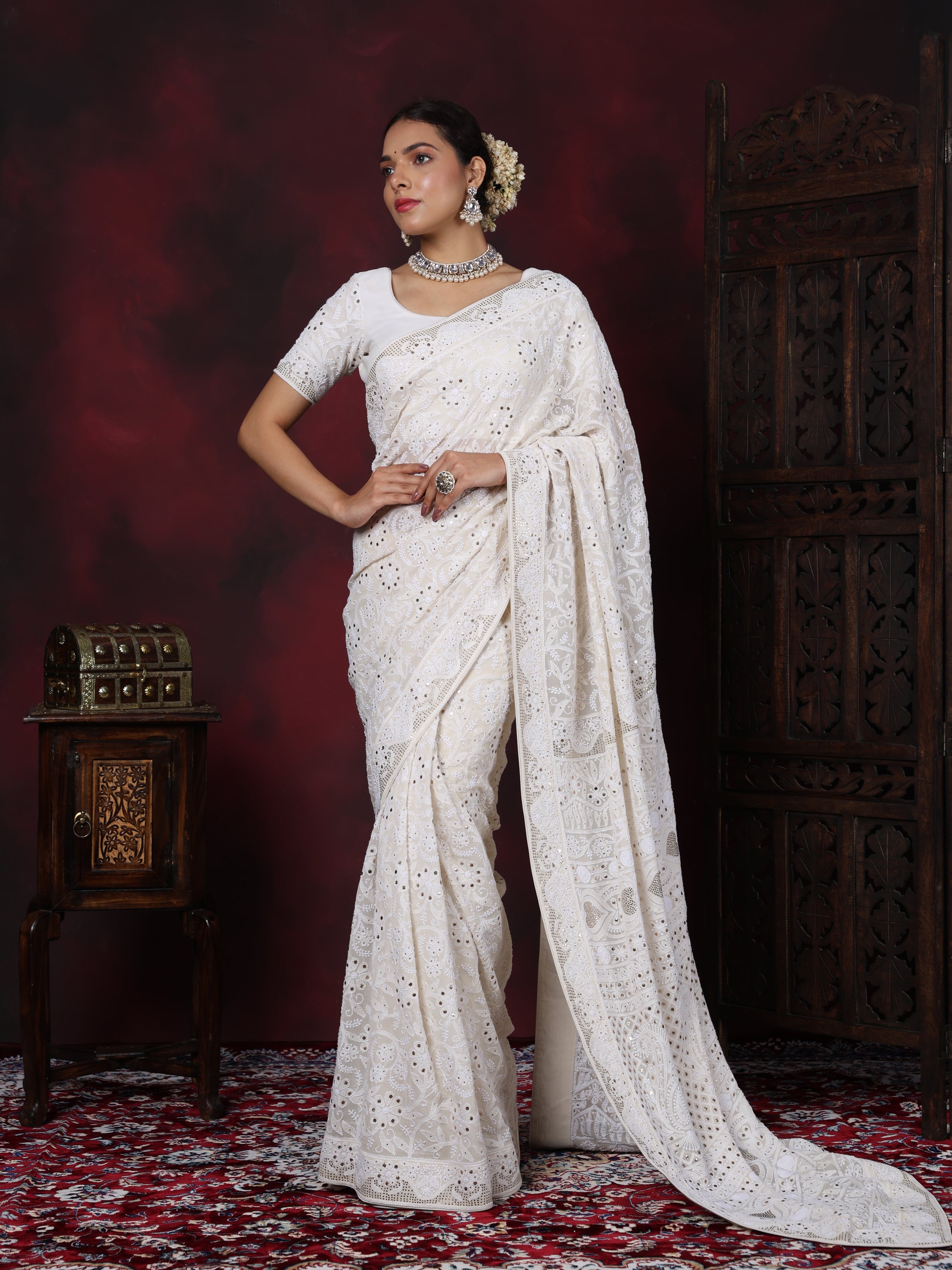 Saadgi hand embroidered pure georgette(60 gms) chikankari with mukaish work Saree
