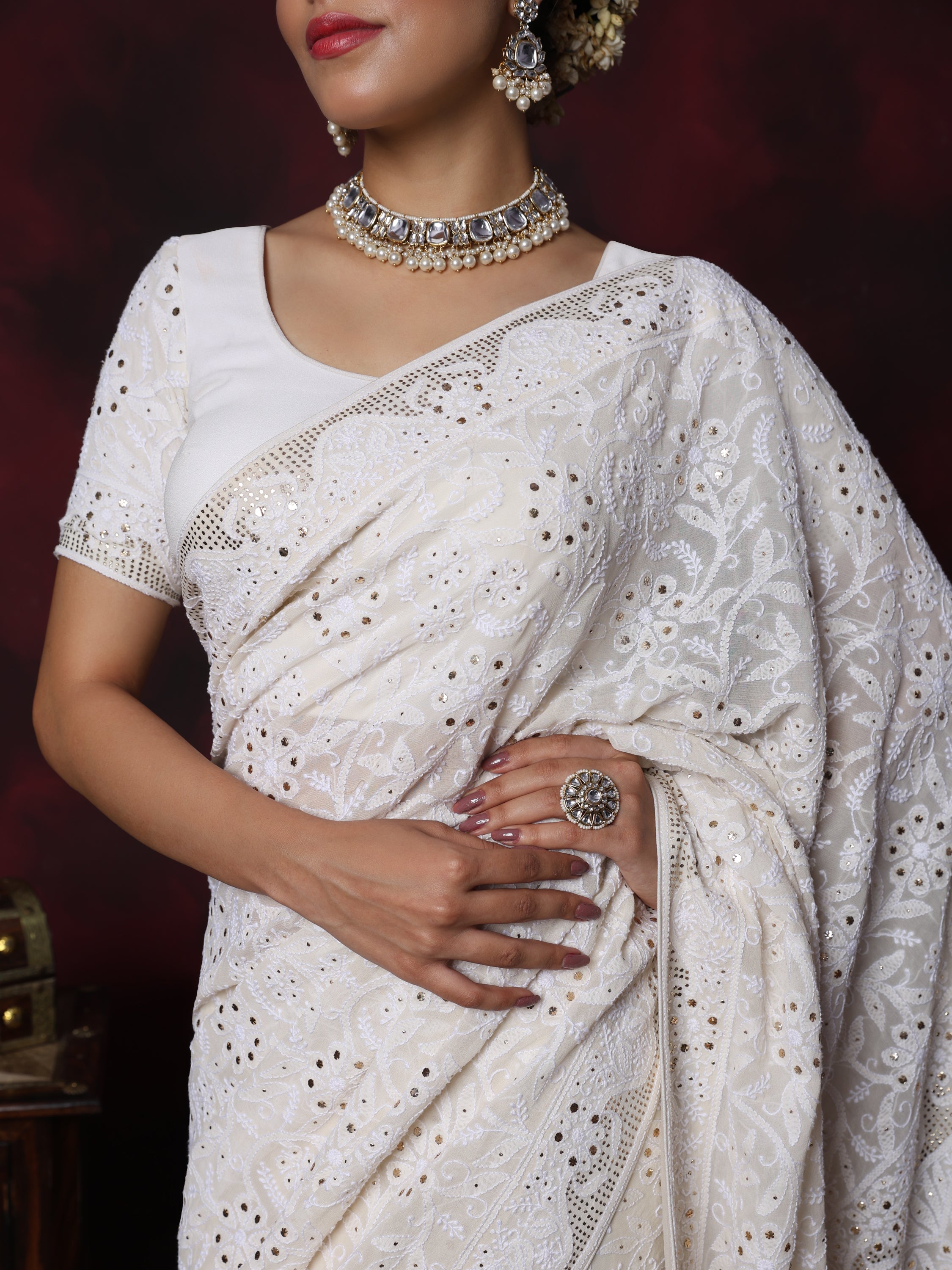 Saadgi hand embroidered pure georgette(60 gms) chikankari with mukaish work Saree